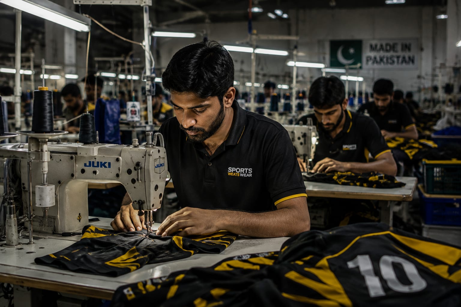 Factory worker sewing on the production floor
