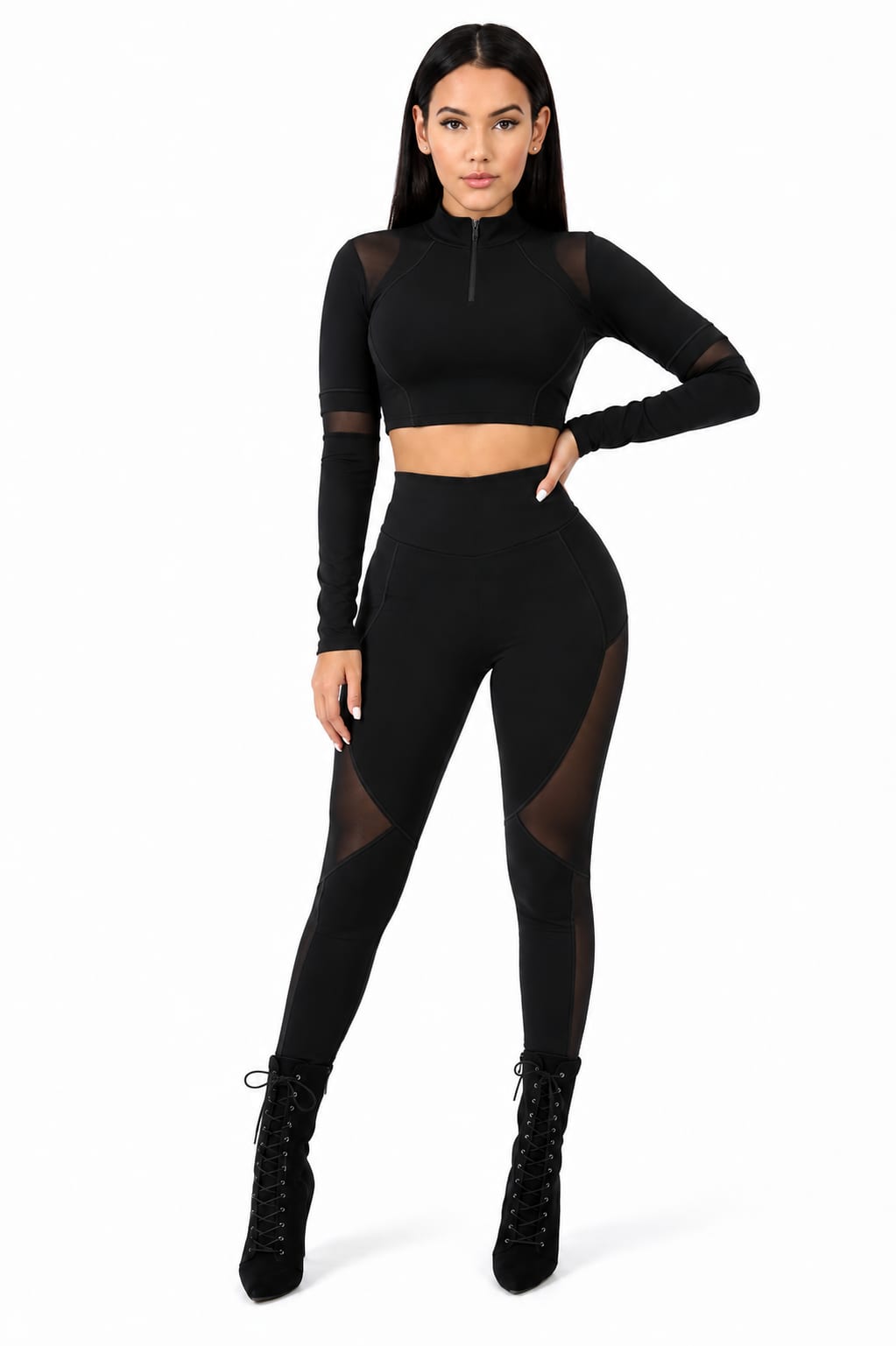Black Mesh Panel Crop Top & Leggings Set