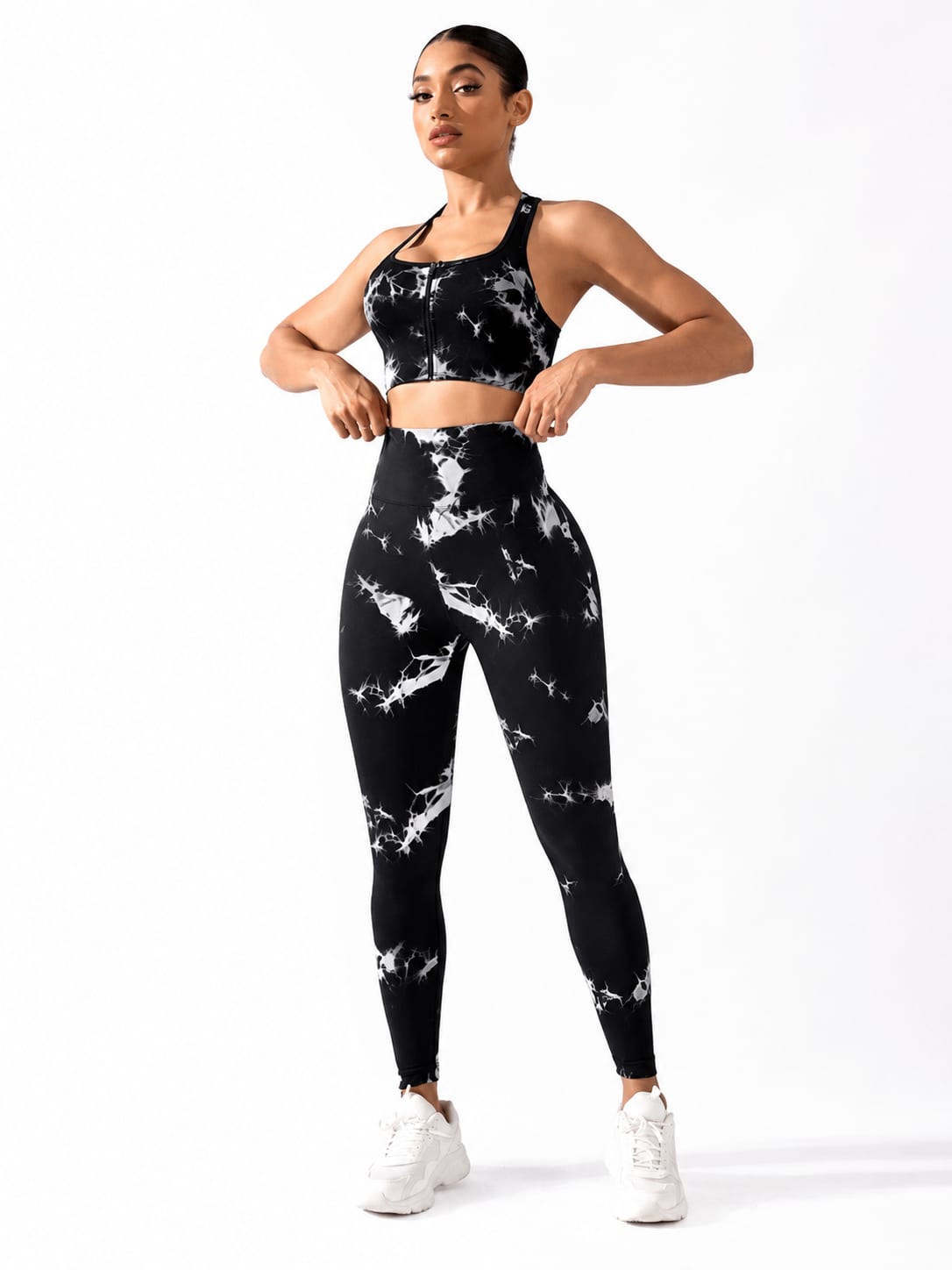 Black White Tie-Dye Zip Sports Bra & Leggings Set