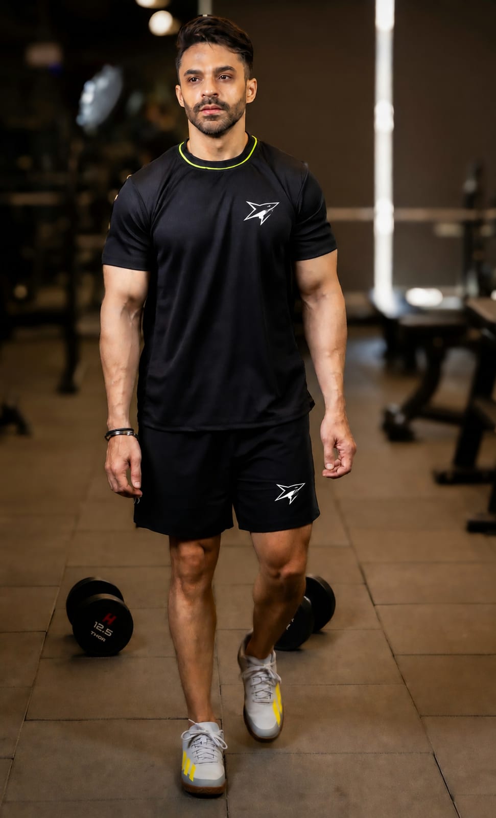 Athlete in a custom Black Shark performance tee and shorts